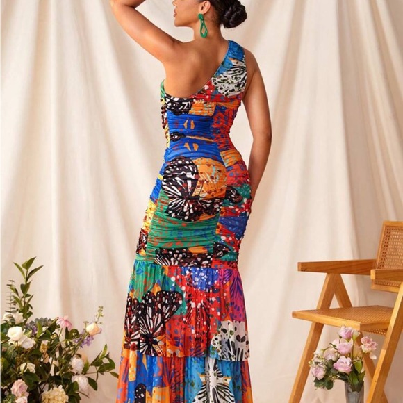 One shoulder Mesh Multi print maxi dress 8/10 - Picture 2 of 2